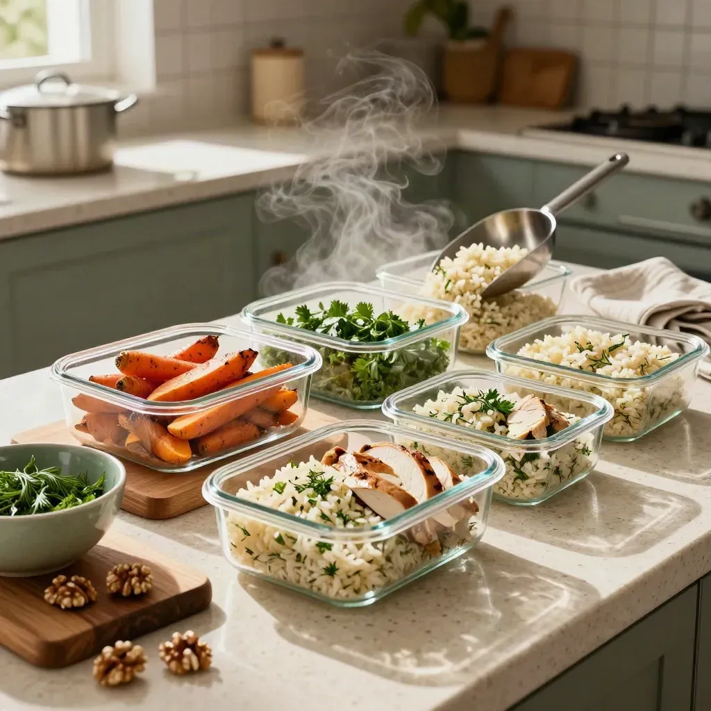 Matlådor fylls med kyckling, ris och rostade rotfrukter i ett varmt kök.