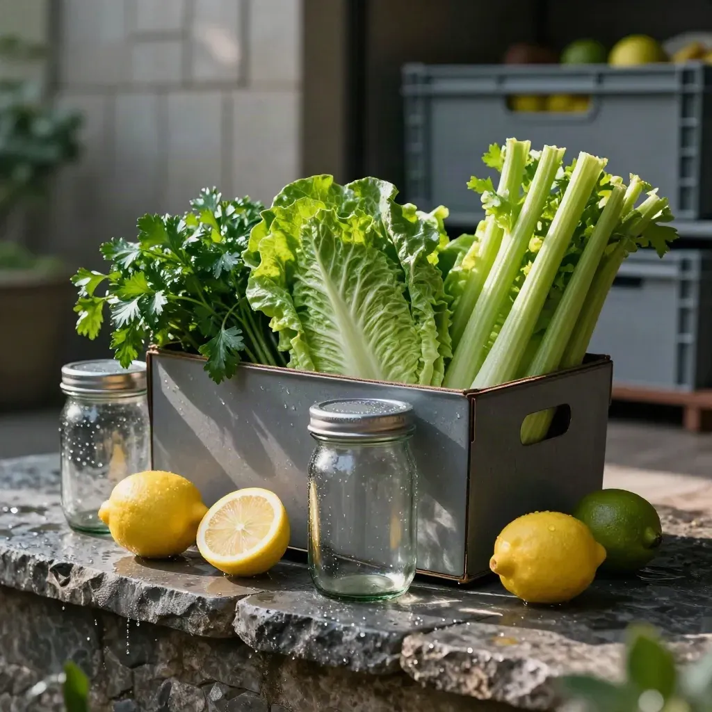 Färska gröna råvaror, glasburkar och citrus i mörkt stenkök med dramatisk ljussättning.